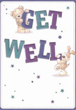 The radiant design of this get well card exudes playful warmth-two adorable figures, a teddy bear and a youthful puppy, spring forwards as they joyfully support and balance the large, colourful 'Get Well' lettering. Their plush, inviting fur in mellow tans and cool greys is rendered with such realism, one can imagine their embrace-a gentle comfort reminiscent of Belgravia's inviting garden squares. Indigo and teal hues in the text stand out confidently against a creamy white background, echoing the refined vibrancy of local flower displays. Starbursts in varying shades of blue and purple create a whimsical, hope-filled atmosphere perfect for brightening recovery. Every illustrated detail feels intentional and soothing, much like a caring get well delivery crafted by local florists for the heart of Belgravia. This card feels like a bouquet of kindness sent to uplift a loved one, shining with cheer and sincerity.